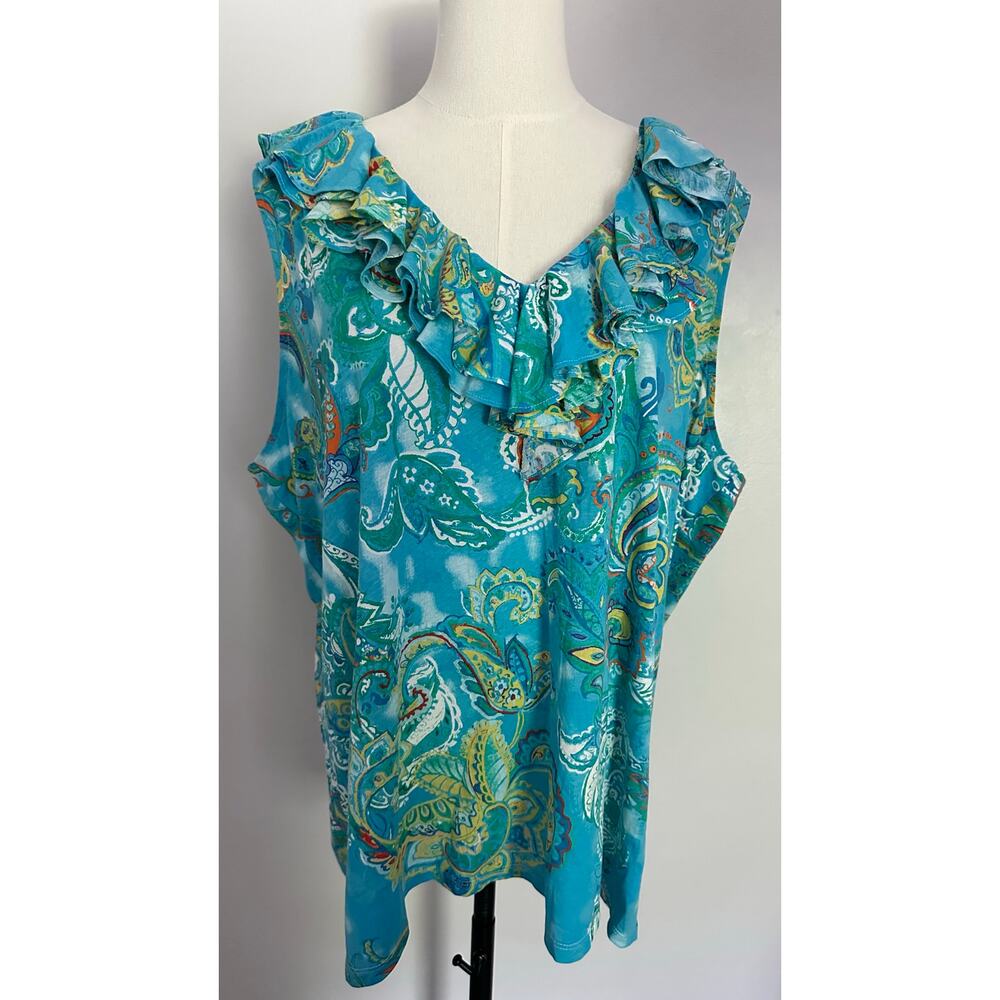Lauren Ralph Lauren Blue Floral Paisley Ruffle Neck Sleeveless Top Tank Plus 3X